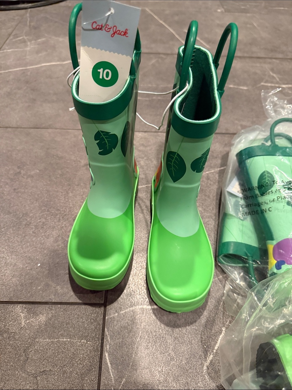 Cat & Jack Green Leaf Print Kids Rain Boots 10T